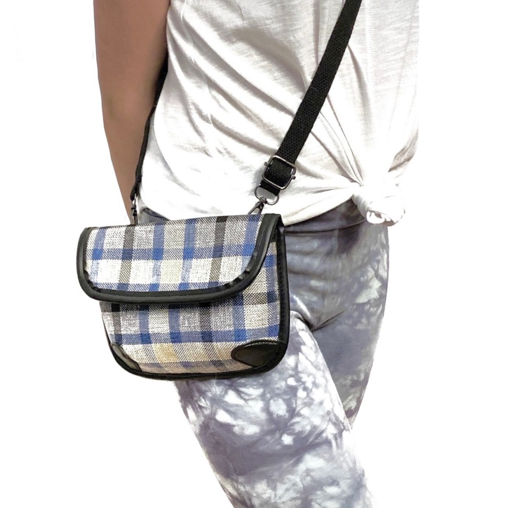 Mini Messenger Crossbody Bag 6” x 8” Blue Plaid